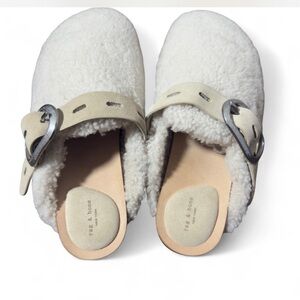 Rag & Bone Ansley Shearling Mule Slippers Buckle Clogs Off White Sz 37|7 Fit 6.5